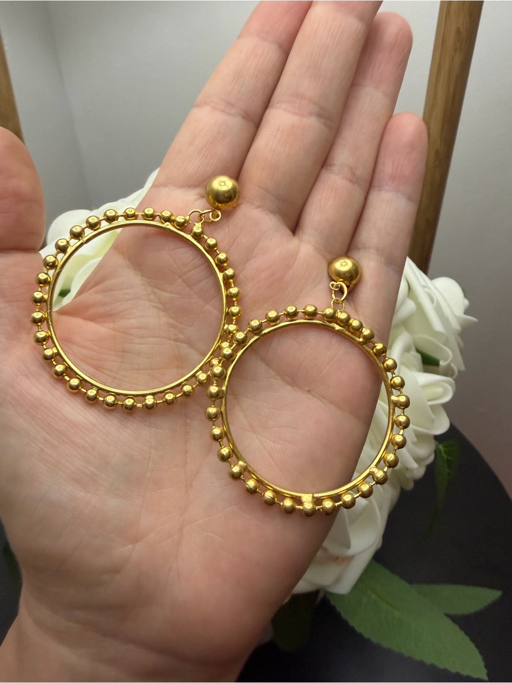 Gold Beaded Hoop Drop Earrings - Women Jewelry